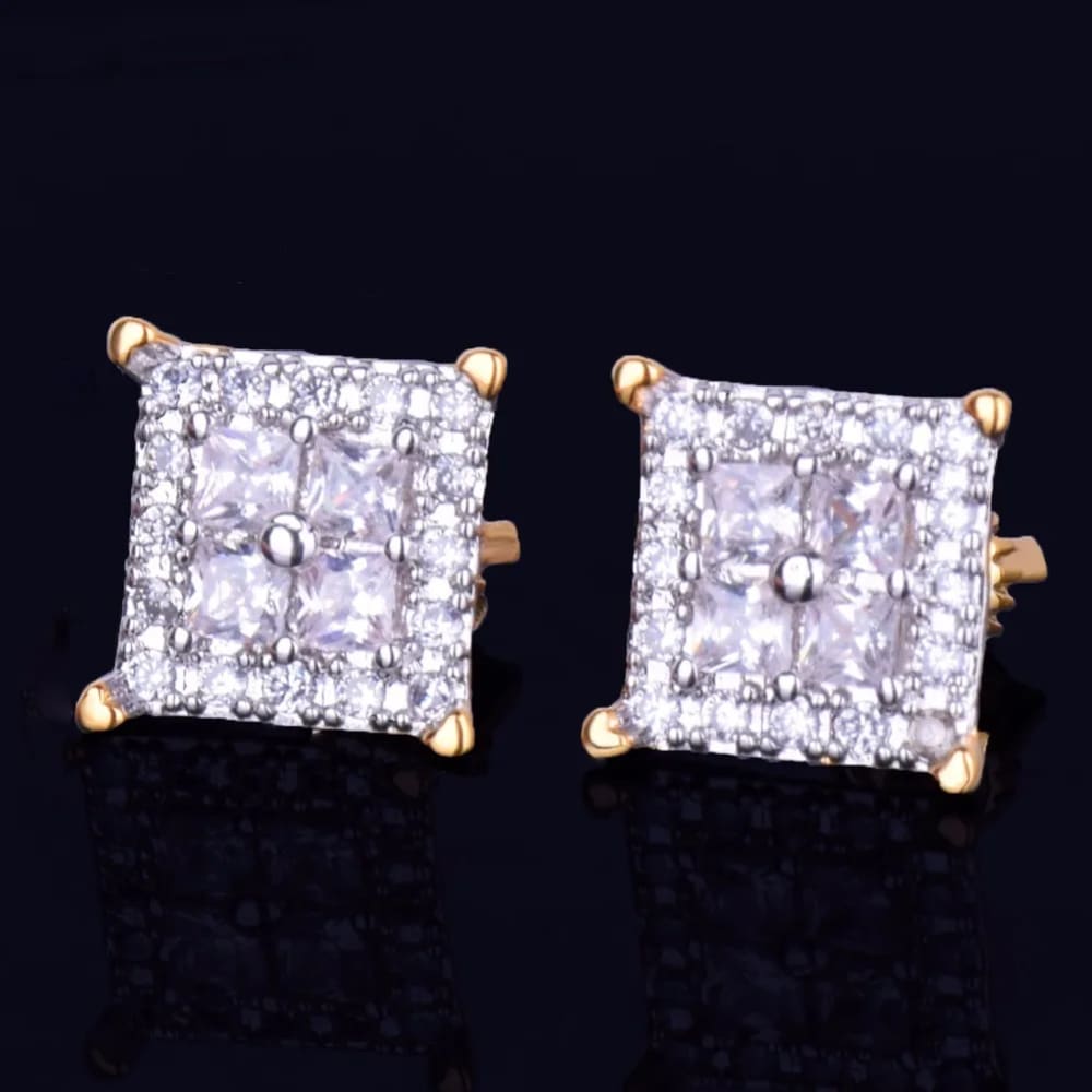 Men 12MM Square Baguette Zircon Stud Earring Silver And Gold